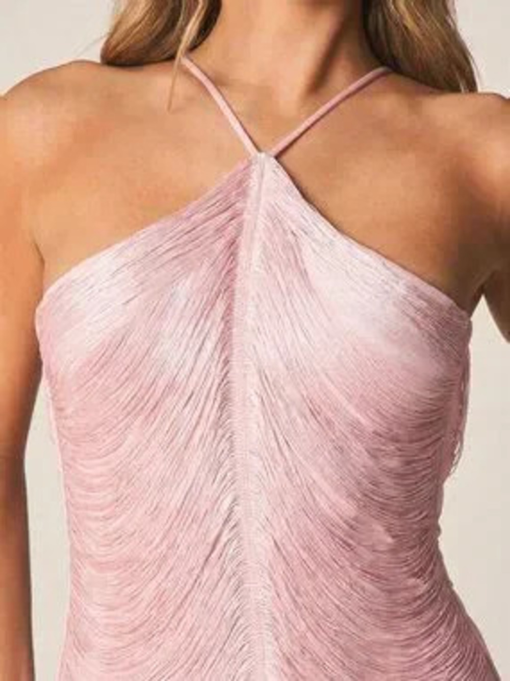 ZARA Baby Pink Preppy Women's Ruched Fringe Halter Neck Bodycon Hem Mini Dress